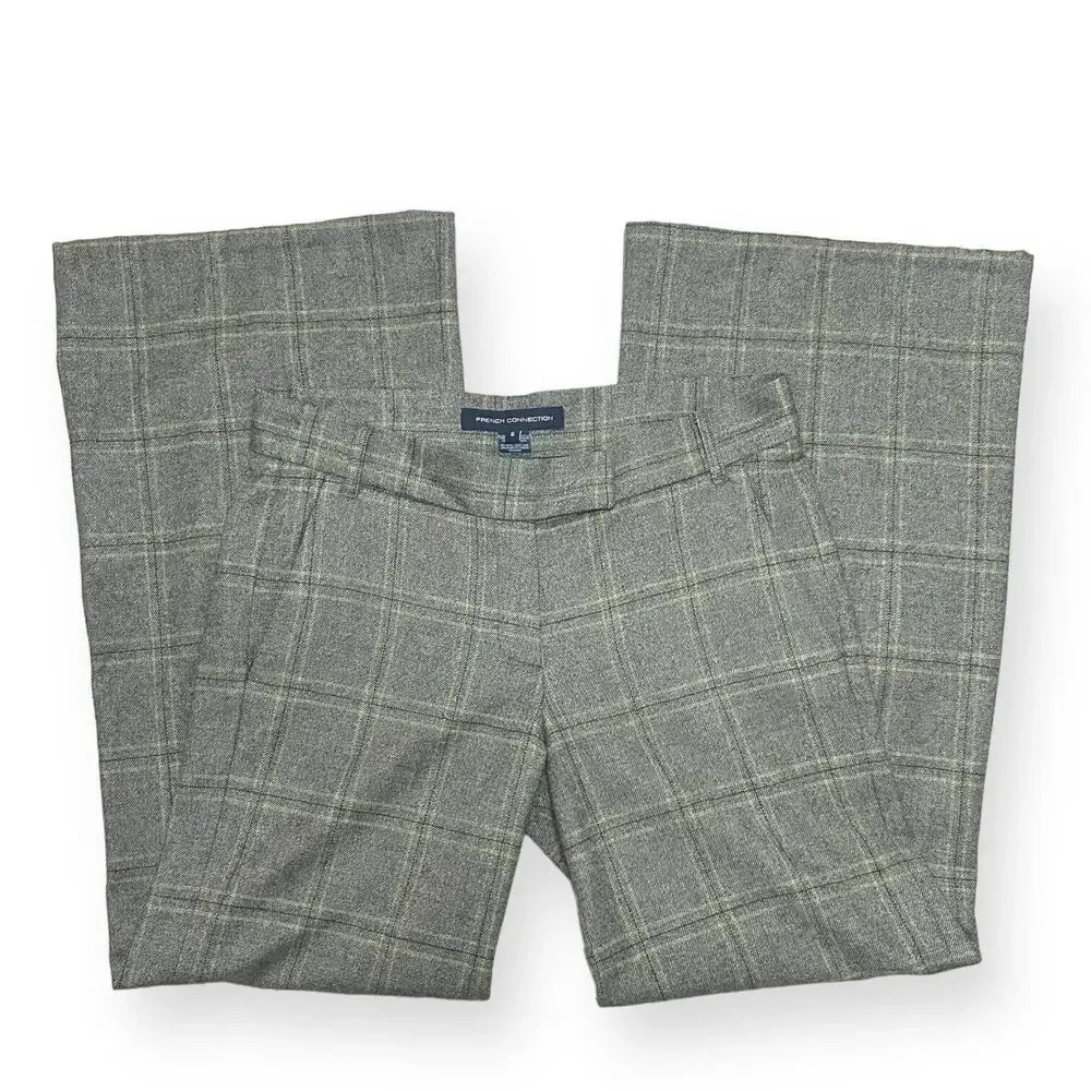 FRENCH CONNECTION Wool Wide Leg Plaid Pants Trousers Brown Key Lime Career 6